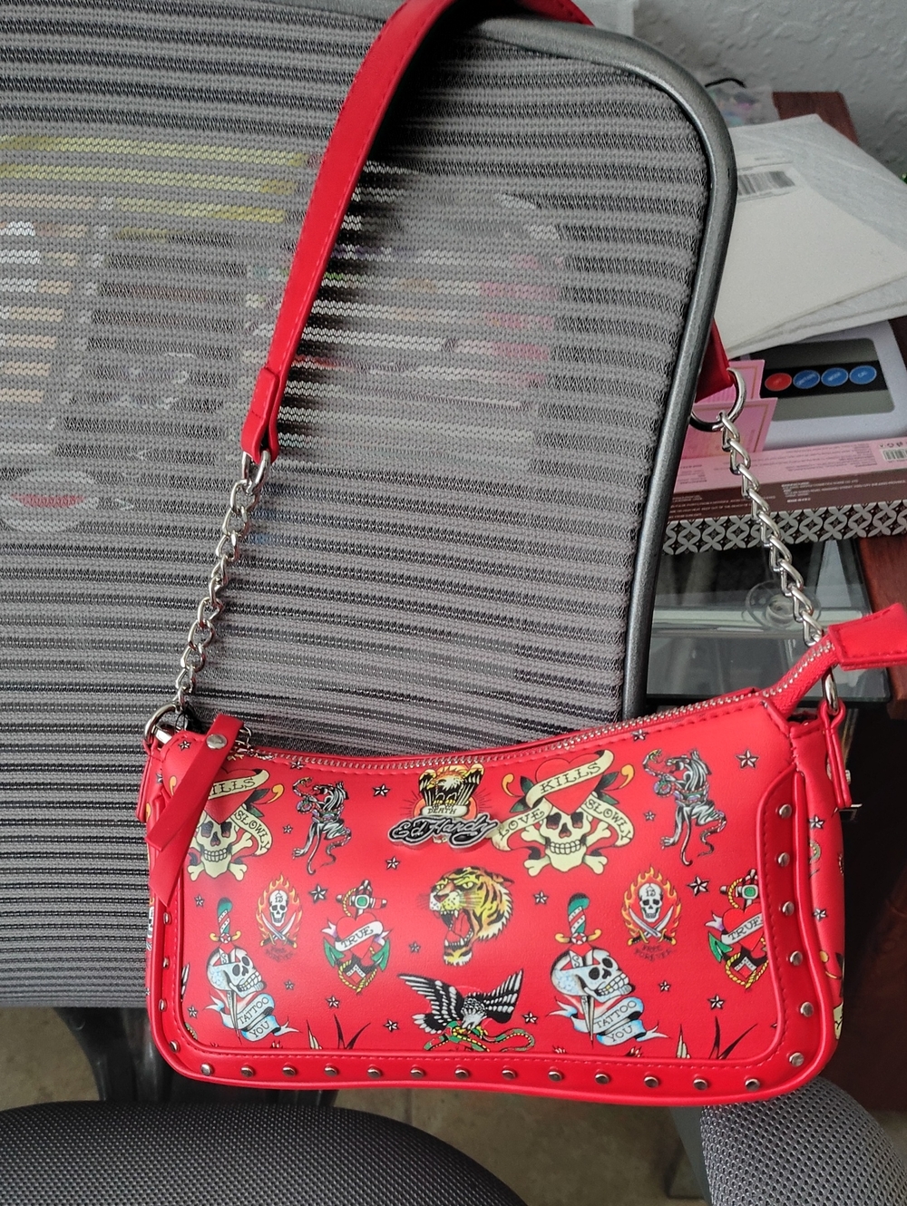 Ed Hardy Red Tattoo Print Chain Strap And Crossbody Strap Bag